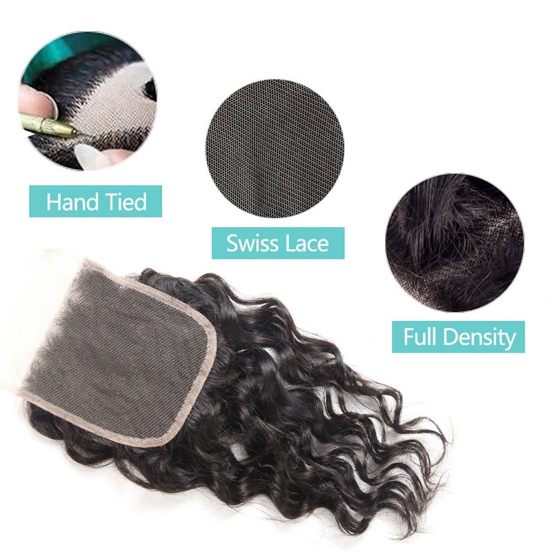 UDU Water Wave Bundles with Lace Closure UDU 12A Wet and Wavy Human Hair Bundles with Closure 100% Unprocessed Human Hair Extensions Short Curly Remy Hair Weft with Free Part Closure 50g/bundle - Image 3